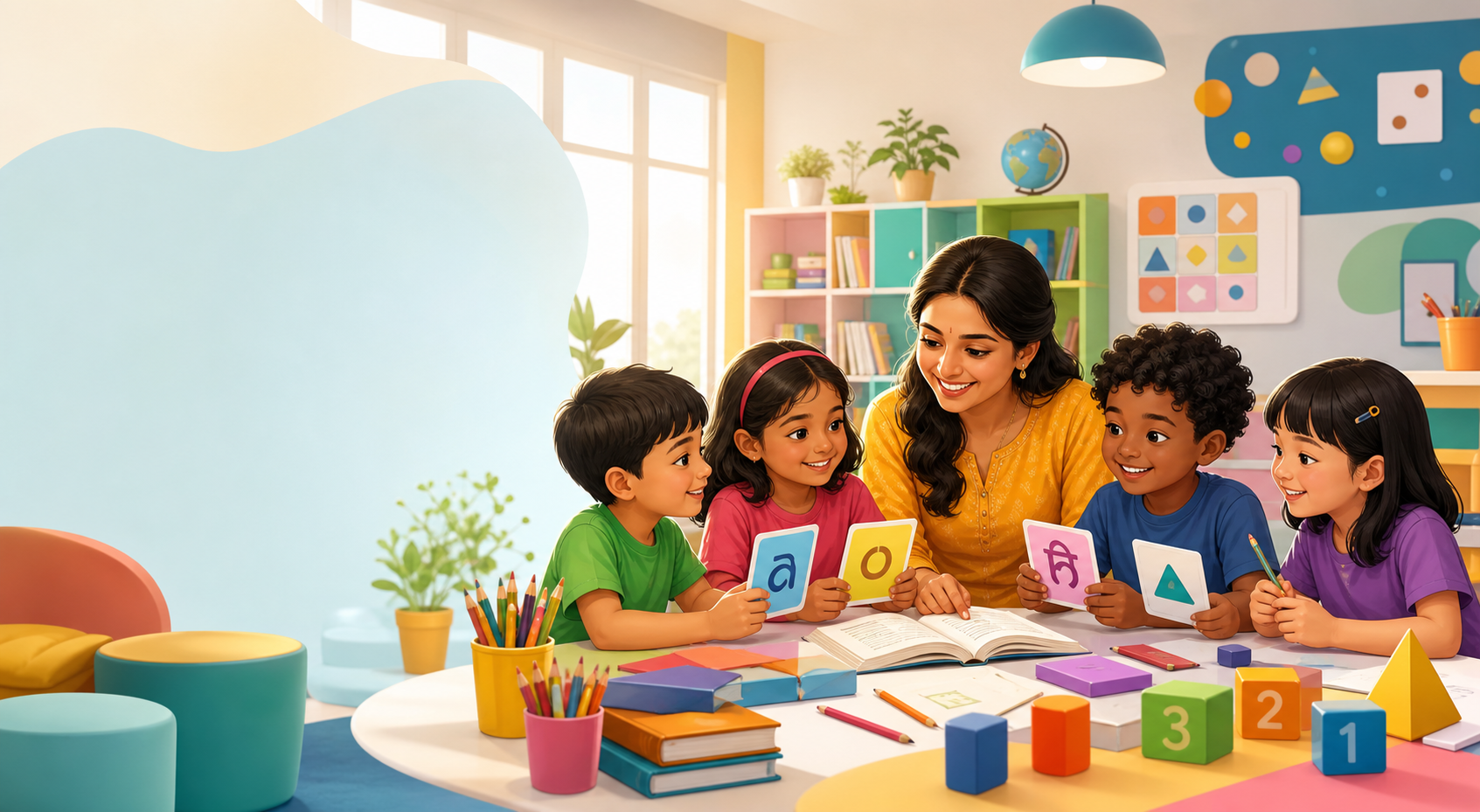 Children learning happily with a teacher in a colorful classroom